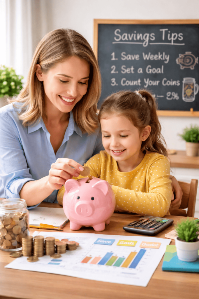 mamma che insegna risparmio a figlio maialino-risparmio